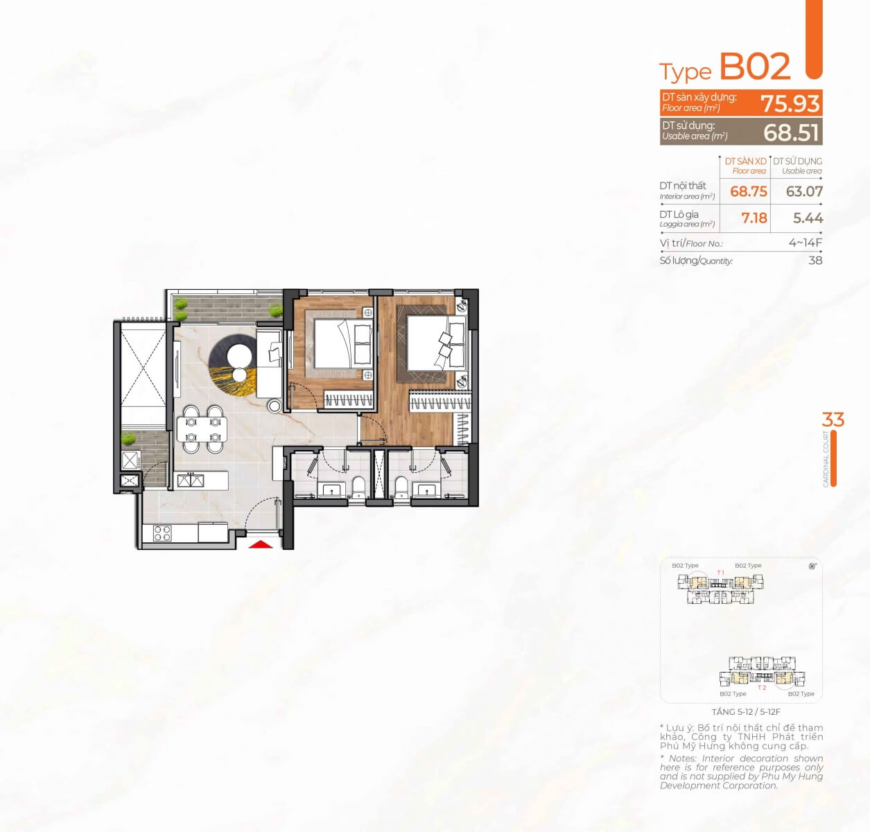Kiểu căn hộ 2 phòng ngủ Cardinal Court Phú Mỹ Hưng B02